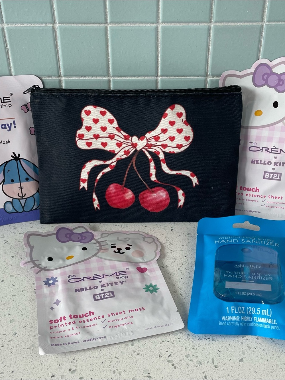 Beauty bundle- 3 Crème Shop mask, Ashley Belle hand sanitizer, bow makeup pouch